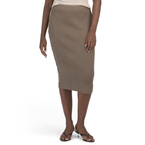 IN FEBRUARY Dark Olive Stitch Embroidery Ribbed Midi Sweater Skirt - Picture 1 of 2